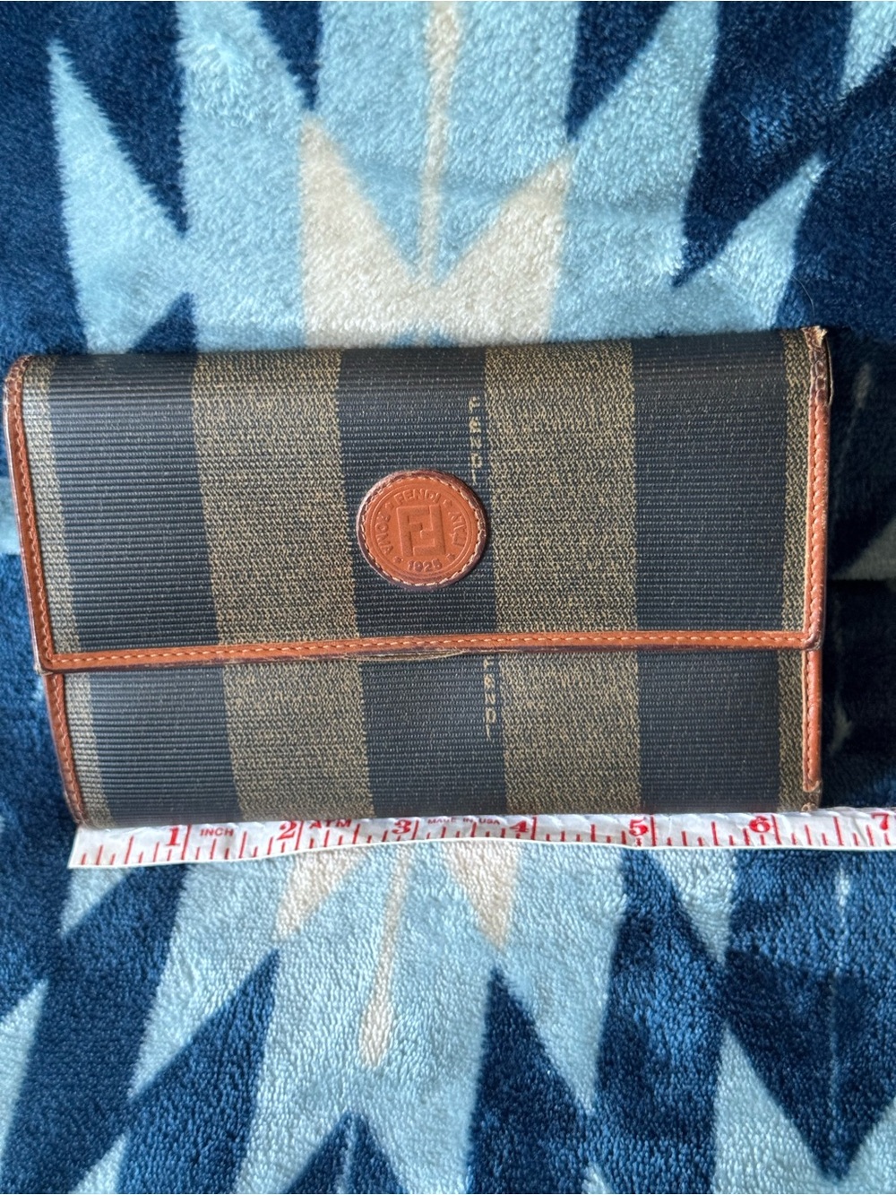 Fendi Pequin Navy Striped Canvas Wallet Purse With Brown Leather Trim